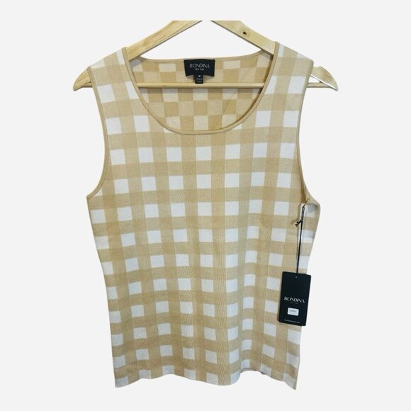 Rondina Tops - Rondina Gingham Sleeveless Knit Tank Top Medium Tan Cream Silk Blend MSRP $225